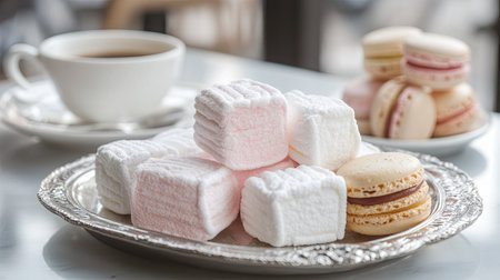 Gourmet twisted marshmallows served on a silver tray with coffee and macarons in an elegant cafe setting.の素材