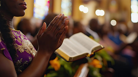 Close-up of hands clapping during a church service, with an open Bible visible on a pewの素材