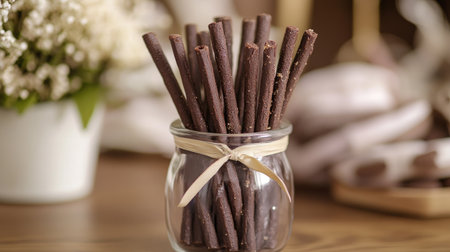 Chocolate wafer sticks in a clear glass jar, decorated with a bow and set on a dessert table.の素材