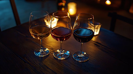 Different types of wine in glasses on a dark wood table, highlighted with warm lighting for a cozy feelの素材