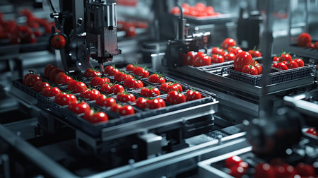 Industrial factory scene with precision machines sorting, weighing, and packing tomatoes into plastic traysの素材