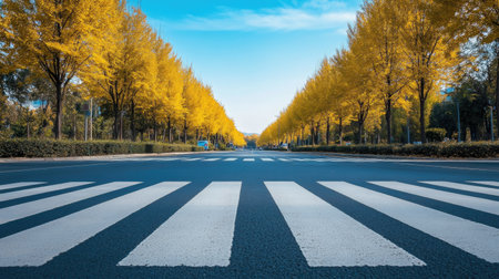 A zebra crossing on an empty road with a tree-lined boulevard in the background.の素材