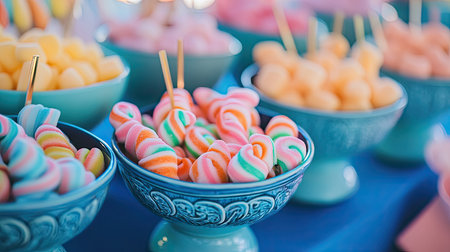 Brightly colored twisted marshmallows served in small decorative bowls at a wedding candy bar.の素材