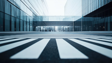 A zebra crossing in a minimalist urban plaza, framed by modern architecture.の素材