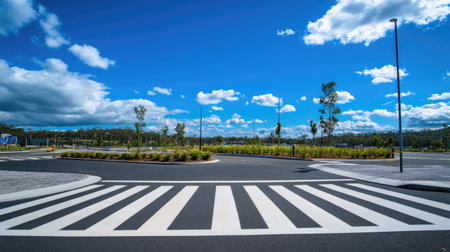 A zebra crossing near a roundabout, with perfectly painted white lines and a bright blue sky above.の素材