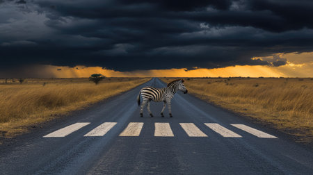 A zebra crossing on an open road, framed by dramatic storm clouds in the distance.の素材