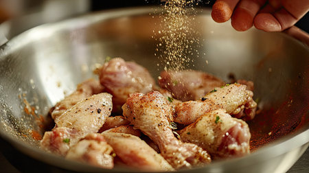 Close-up of raw chicken wings in a stainless steel bowl, with a hand sprinkling spices over them.の素材