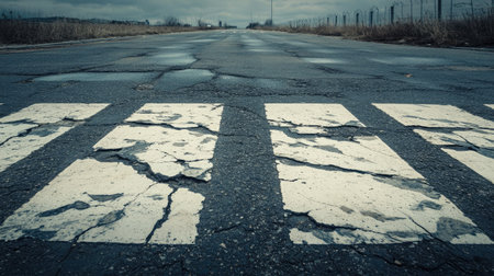 A zebra crossing with cracked pavement on a deserted industrial road.の素材