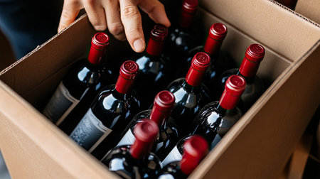 Close-up of hands opening a cardboard box revealing neatly arranged wine bottles with labels facing upwardの素材