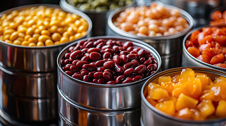 Cans of fruit cocktail, beans, and tuna displayed with their contents poured into glass bowls for a recipeの素材