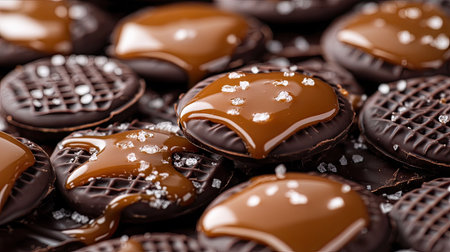 Close-up of gourmet chocolate wafers drizzled with caramel and sprinkled with sea salt.の素材