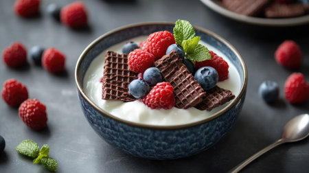 Chocolate wafers paired with a bowl of yogurt and fresh berries for a balanced snack.の素材