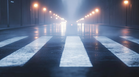 A zebra crossing on a misty street, with subtle reflections from nearby streetlights.の素材