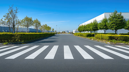 A zebra crossing in a quiet industrial park, bordered by neat rows of shrubs.の素材