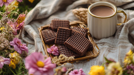 Chocolate wafers on a picnic blanket, paired with a cup of hot cocoa and surrounded by flowers.の素材