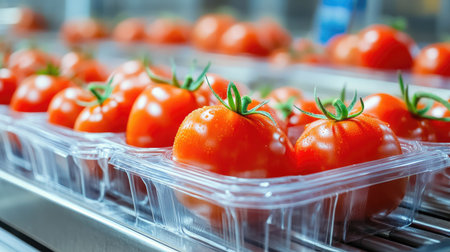 Bright red tomatoes in recyclable plastic trays being labeled on a conveyor belt in a food packaging facilityの素材