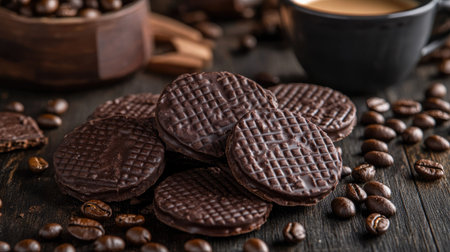 Chocolate wafers scattered on a dark wooden table, surrounded by coffee beans and a cup of espresso.の素材