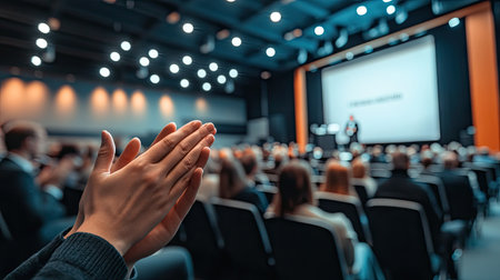 Hands clapping during a motivational speech at a large conference, with a speaker on stageの素材