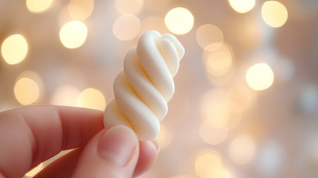 Close-up of fingers holding a twisted marshmallow, with a playful bokeh background.の素材