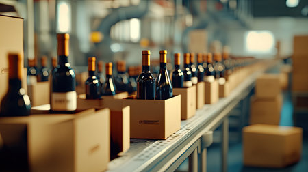 Industrial assembly line packing wine bottles into branded cardboard boxes in a factory settingの素材