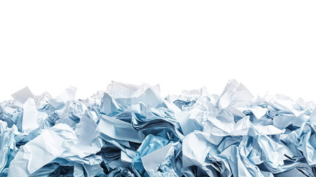 A heap of discarded crumpled paper, isolated on a bright white background, representing creative struggles.の素材