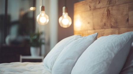 A high-end bedroom with crisp white pillows resting against a stylish wooden headboard, with soft lighting in the background.の素材