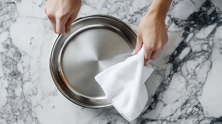 A high-quality stainless steel frying pan being polished with a white napkin on a marble countertop.の素材