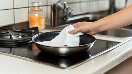 A kitchen countertop with a hand wiping down a stainless frying pan with a disposable white napkin.の素材