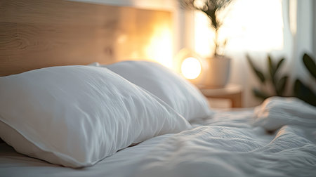 A high-end bedroom with crisp white pillows resting against a stylish wooden headboard, with soft lighting in the background.の素材