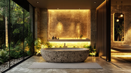 A luxurious resort-style bathroom with a stone bathtub, ambient lighting, and an open-concept design.の素材