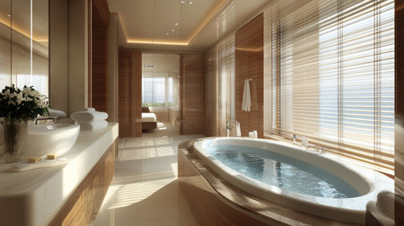 A luxurious master bathroom with a sleek oval bathtub, surrounded by soft natural light from large windows.の素材
