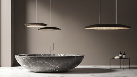 A high-end bathroom with a marble bathtub, elegant pendant lighting, and minimalist design.の素材