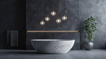 A high-end bathroom with a marble bathtub, elegant pendant lighting, and minimalist design.の素材