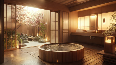 A Japanese-inspired bathroom with a wooden soaking tub, soft lighting, and a tranquil ambiance.の素材