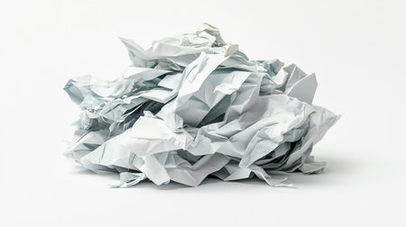 A heap of discarded crumpled paper, isolated on a bright white background, representing creative struggles.の素材
