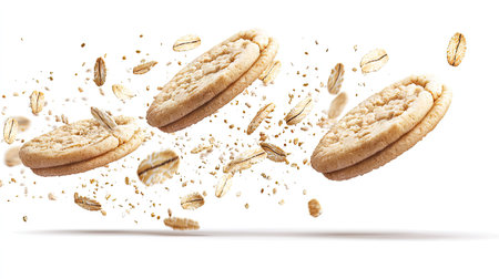A stream of oatmeal cookies falling through the air, isolated on white, displaying a deliciously homemade look.の素材