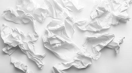 Multiple pieces of crumpled white paper, randomly spread out on a pure white backdrop.の素材