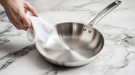 A high-quality stainless steel frying pan being polished with a white napkin on a marble countertop.の素材