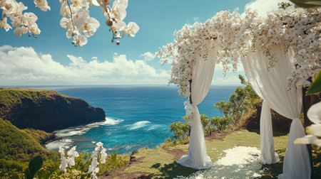 A luxurious wedding arch adorned with white orchids and draped chiffon, standing on a cliffside with an ocean view.の素材