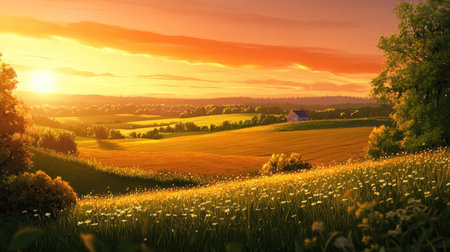 The soft glow of twilight settles over a peaceful countryside, with rolling green fields fading into the warm, colorful horizon.の素材
