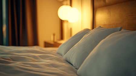 A high-end bedroom with crisp white pillows resting against a stylish wooden headboard, with soft lighting in the background.の素材