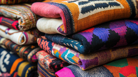 High-angle shot of vibrant cloths with repeating geometric shapes in a stack, reflecting handmade textile traditionsの素材