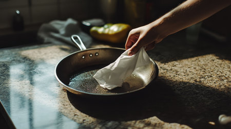 A kitchen countertop with a hand wiping down a stainless frying pan with a disposable white napkin.の素材