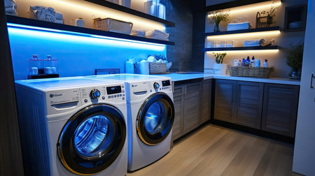 A high-tech laundry room with a smart washer and dryer, LED lighting, and a built-in detergent dispenser for convenience.の素材