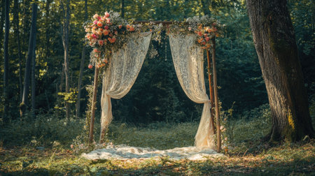 A vintage-style wedding arch decorated with soft pastel flowers and lace fabric, placed in a charming forest clearing.の素材
