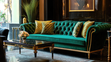 A luxurious velvet sofa in deep emerald green, complemented by gold-accented cushions, creating a sophisticated and elegant interior.の素材