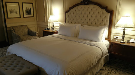 A luxury hotel bed with perfectly fluffed white pillows, crisp linens, and a stylish upholstered headboard.の素材