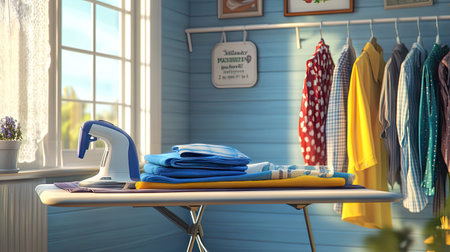 A well-organized laundry corner with an ironing board, an electric iron, and a pile of neatly ironed shirts.の素材