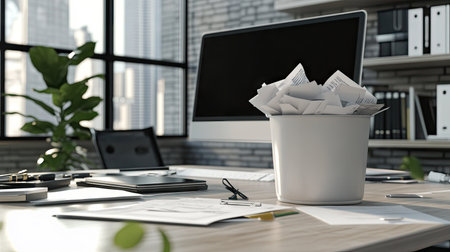 A workspace concept featuring an overflowing paper wastebasket, with a modern, professional background.の素材