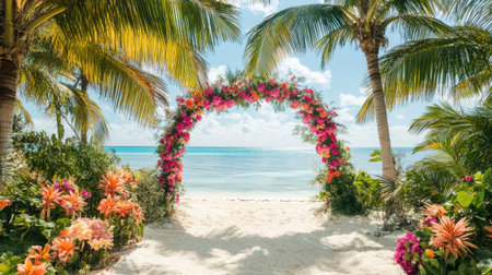A tropical wedding arch with vibrant pink and orange flowers, framed by palm trees, set on a white sandy beach.の素材
